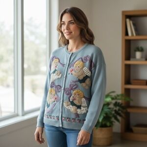 Vintage Northern Isles Hand‎ Embroidered Angels Cardigan Sweater Cottagecore XL